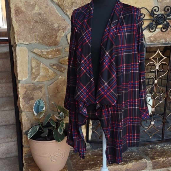 New York Laundry Lightweight Open Drape Front Long Plaid‎ Long Sleeve Top Sz XL - Picture 2 of 14